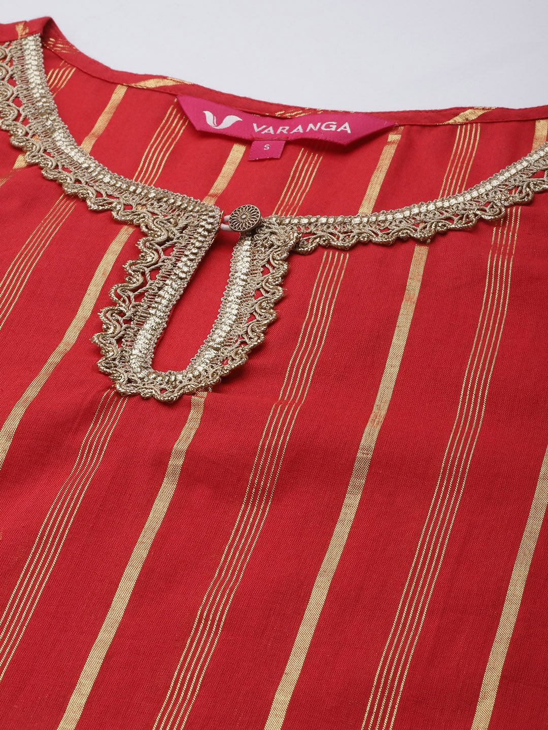 Indyancart VA Women's Red Striped Kurta with Sharara & With Dupatta