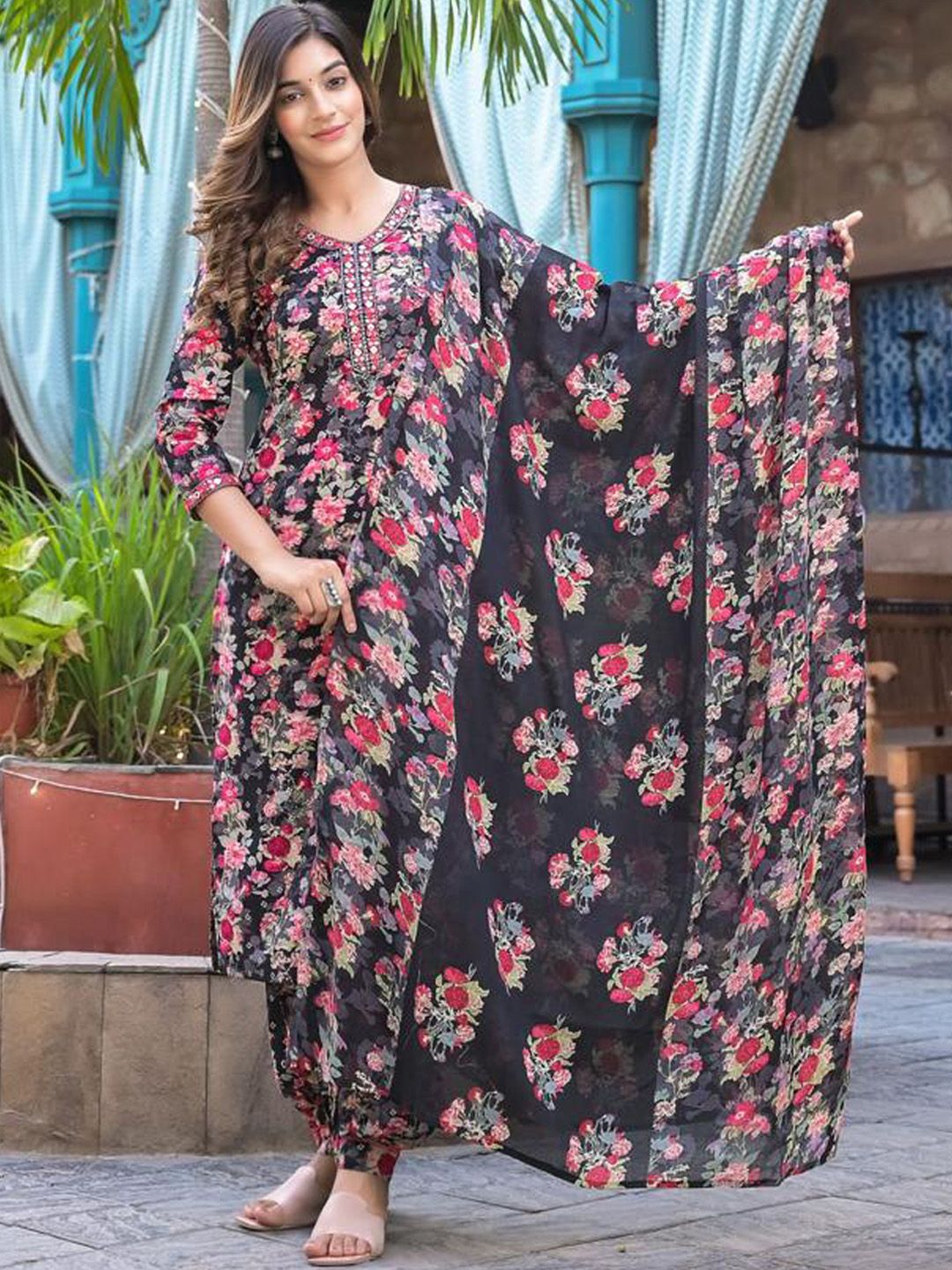 Indyancart VA Women'sFloral Embellished Kurta Paired With Afghani Trouser & Dupatta