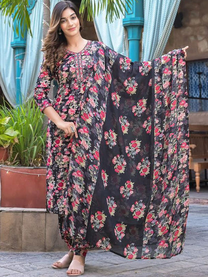 Indyancart VA Women'sFloral Embellished Kurta Paired With Afghani Trouser & Dupatta