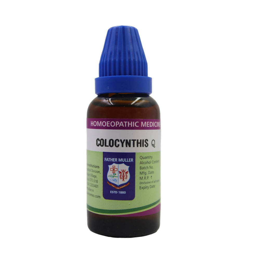 Father Muller Colocynthis Mother Tincture Q bottle, herbal remedy in a glass dropper bottle with label and white background.