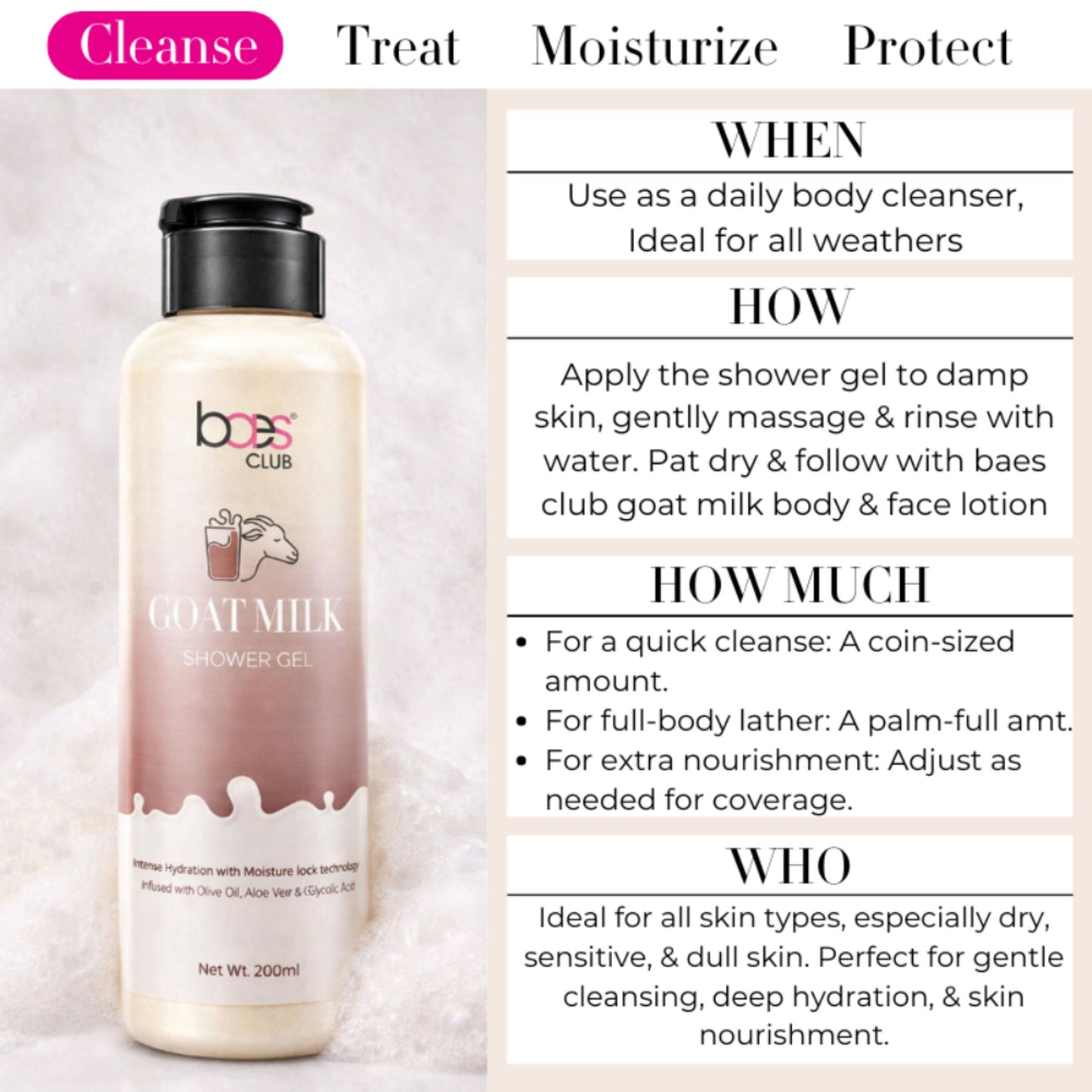 Baes Club Goat Milk Shower Gel With Olive Oil & Glycolic Acid For Intense Hydration & Moisturising