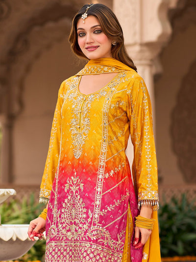Dhiyona IE Floral Embroidered Zari Straight Kurta With Palazzos And Dupatta