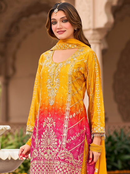 Indyancart IE Floral Embroidered Zari Straight Kurta With Palazzos And Dupatta