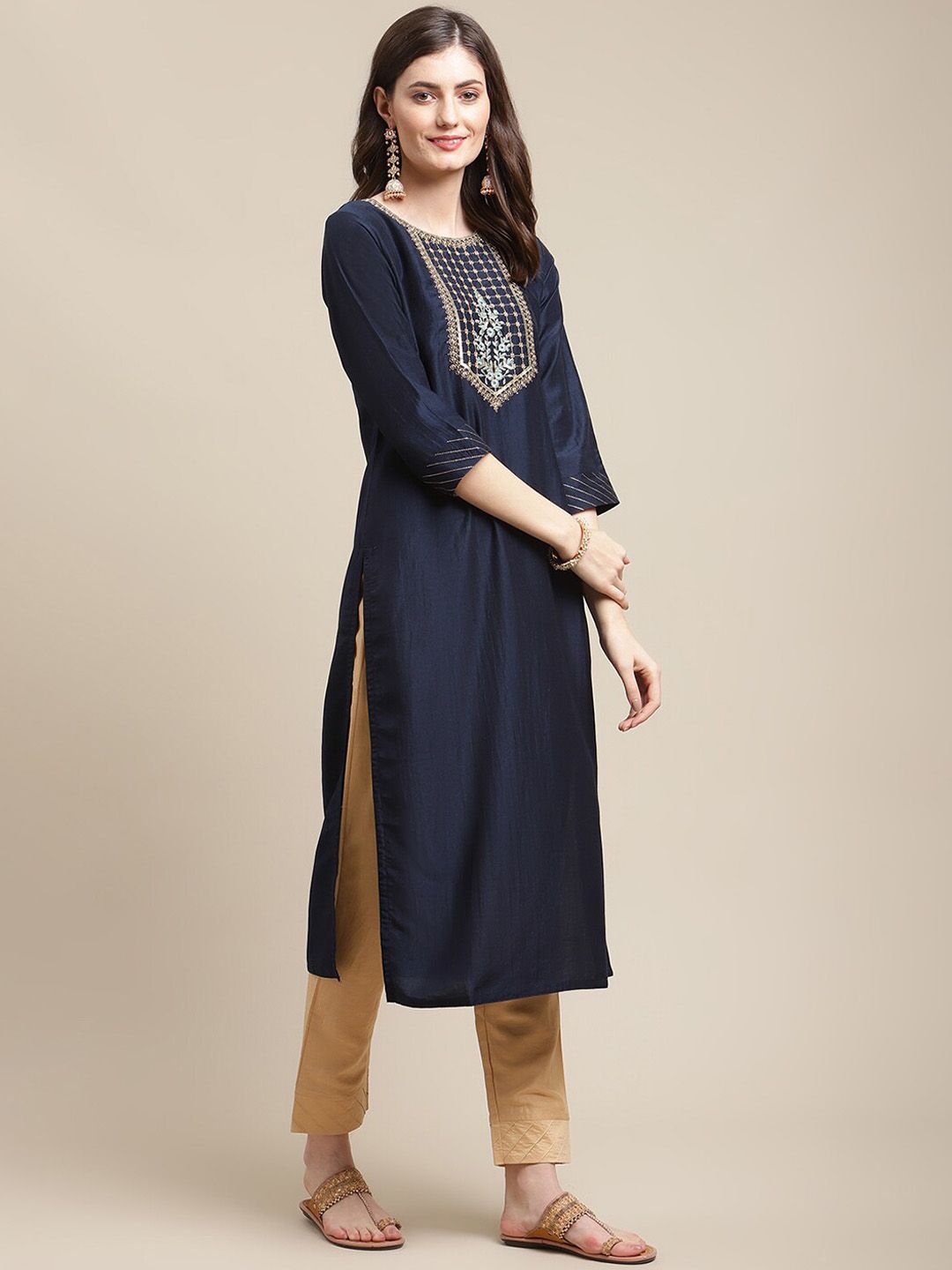 Indyancart VA Women's Navy Blue Floral Embroidered Kurti Set With Dupatta