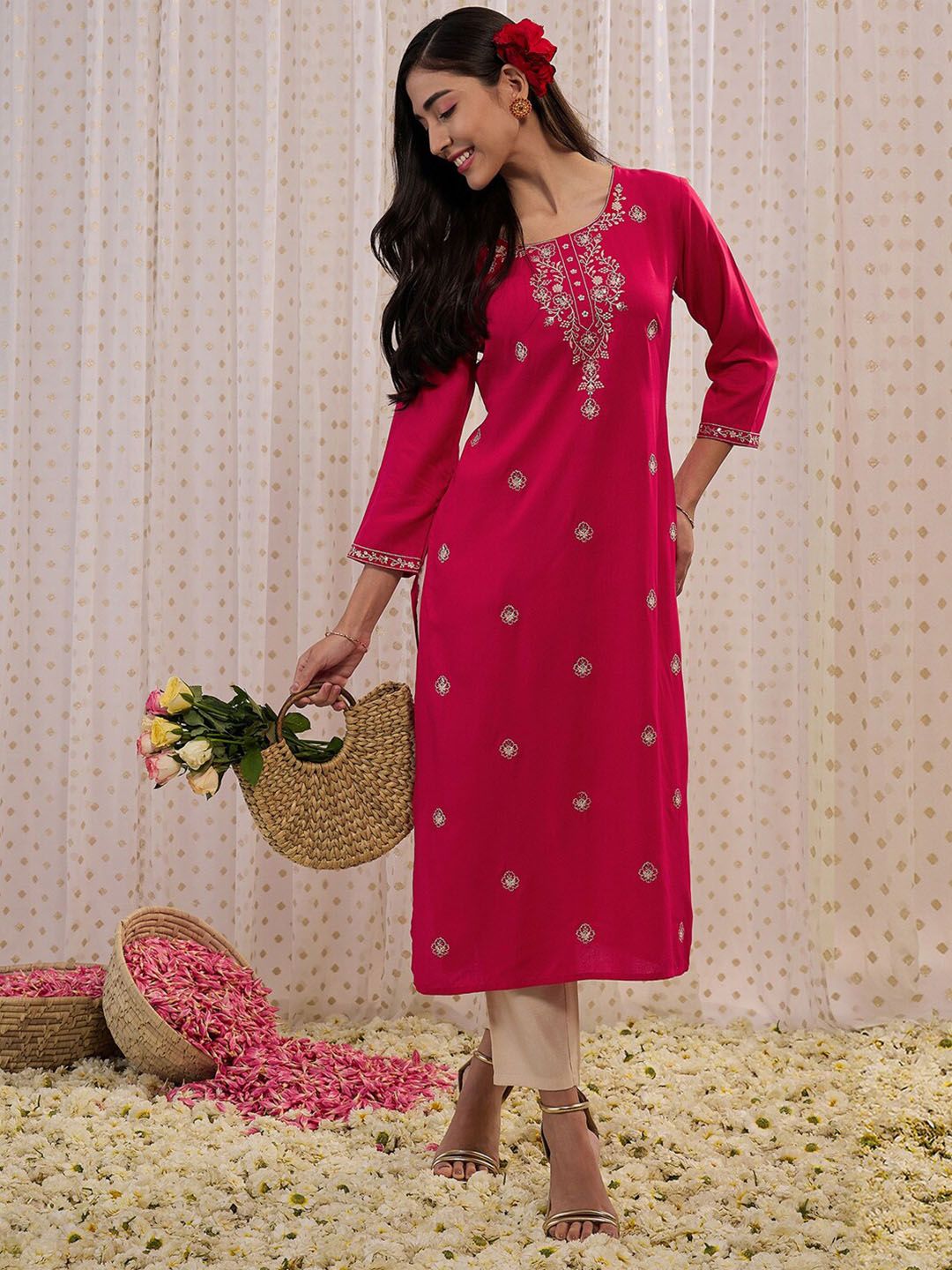 Indyancart IE Floral Embroidered Round Neck Three-Quarter Sleeves Floral Kurta