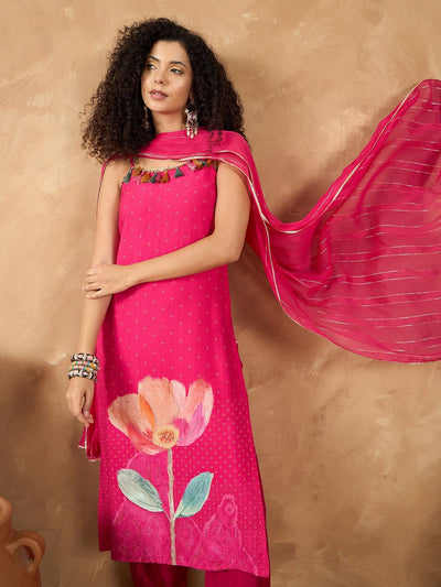 Indyancart VA Women's Spaghetti Strap Floral Kurta with Trousers & Dupatta