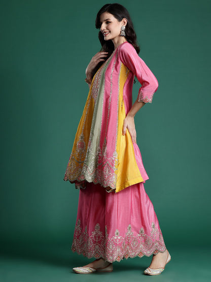 Indyancart IE Ethnic Motifs Embroidered Panelled Sequinned Kurta With Palazzos & Dupatta