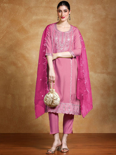 Indyancart VA Women'sFloral Embroidered Regular Round Neck Straight Kurta With Trousers & Dupatta
