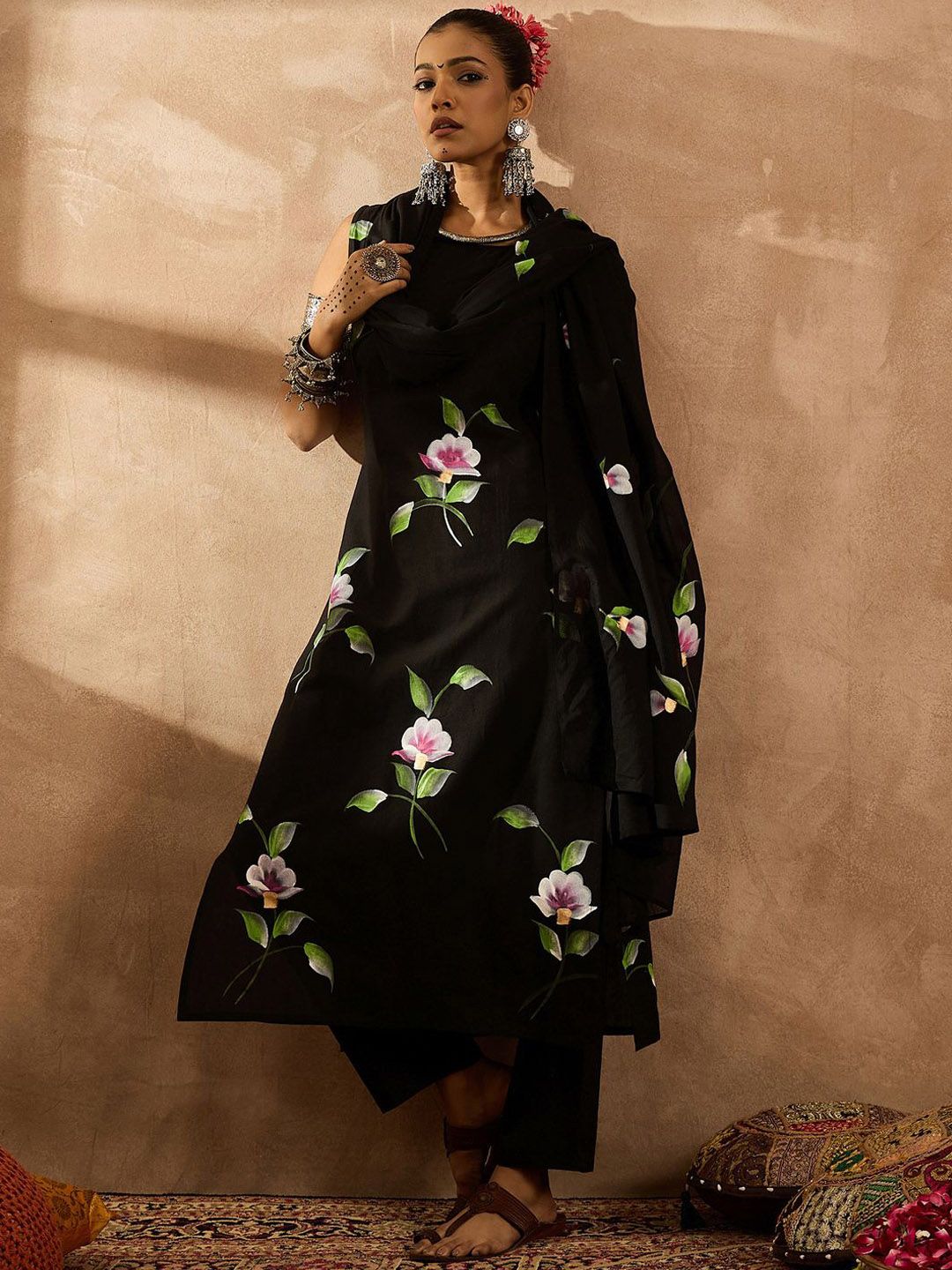 Indyancart IE Women Floral Printed Regular Pure Cotton Kurta with Trousers & With Dupatta