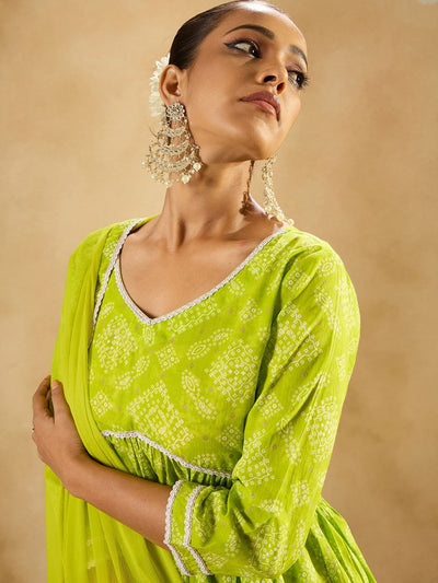 Indyancart IE Bandhani Printed Empire V-Neck Pure Cotton Kurta with Trousers & Dupatta
