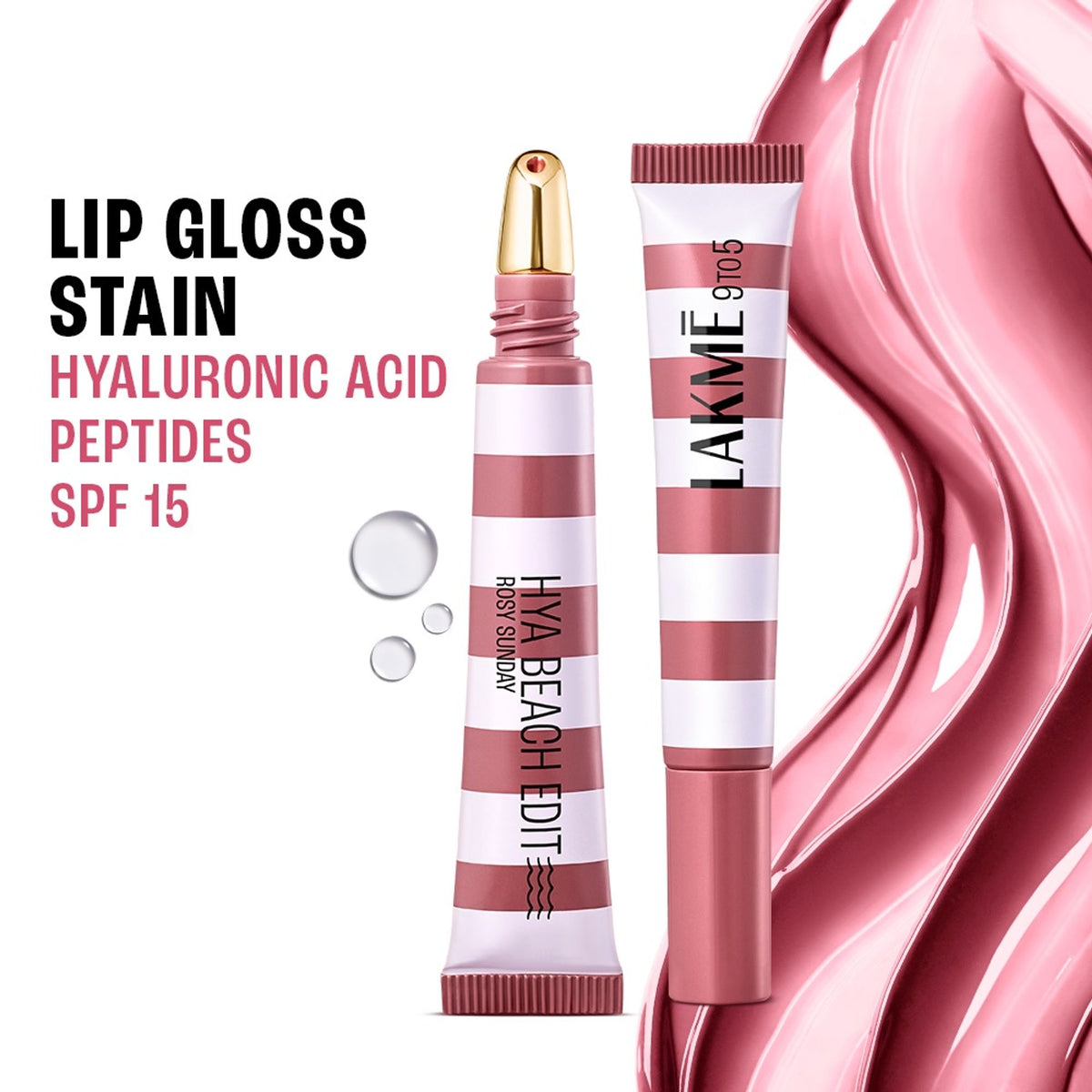 Lakme 9to5 Hya Beach Edit Lip Gloss Stain in Rosy Sunday, hydrating, long-lasting tint with SPF 15, showing the gloss applied on lips.