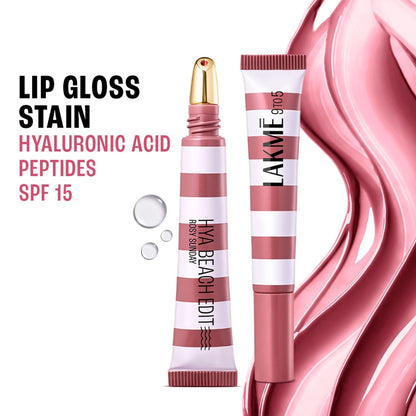 Lakme 9to5 Hya Beach Edit Lip Gloss Stain in Rosy Sunday, hydrating, long-lasting tint with SPF 15, showing the gloss applied on lips.