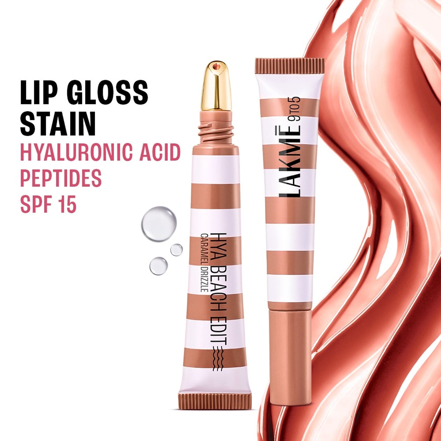 Lakme 9to5 Hya Beach Edit Lip Gloss Stain, Hydrating, Lasting Tint, SPF 15 - Caramel Drizzle