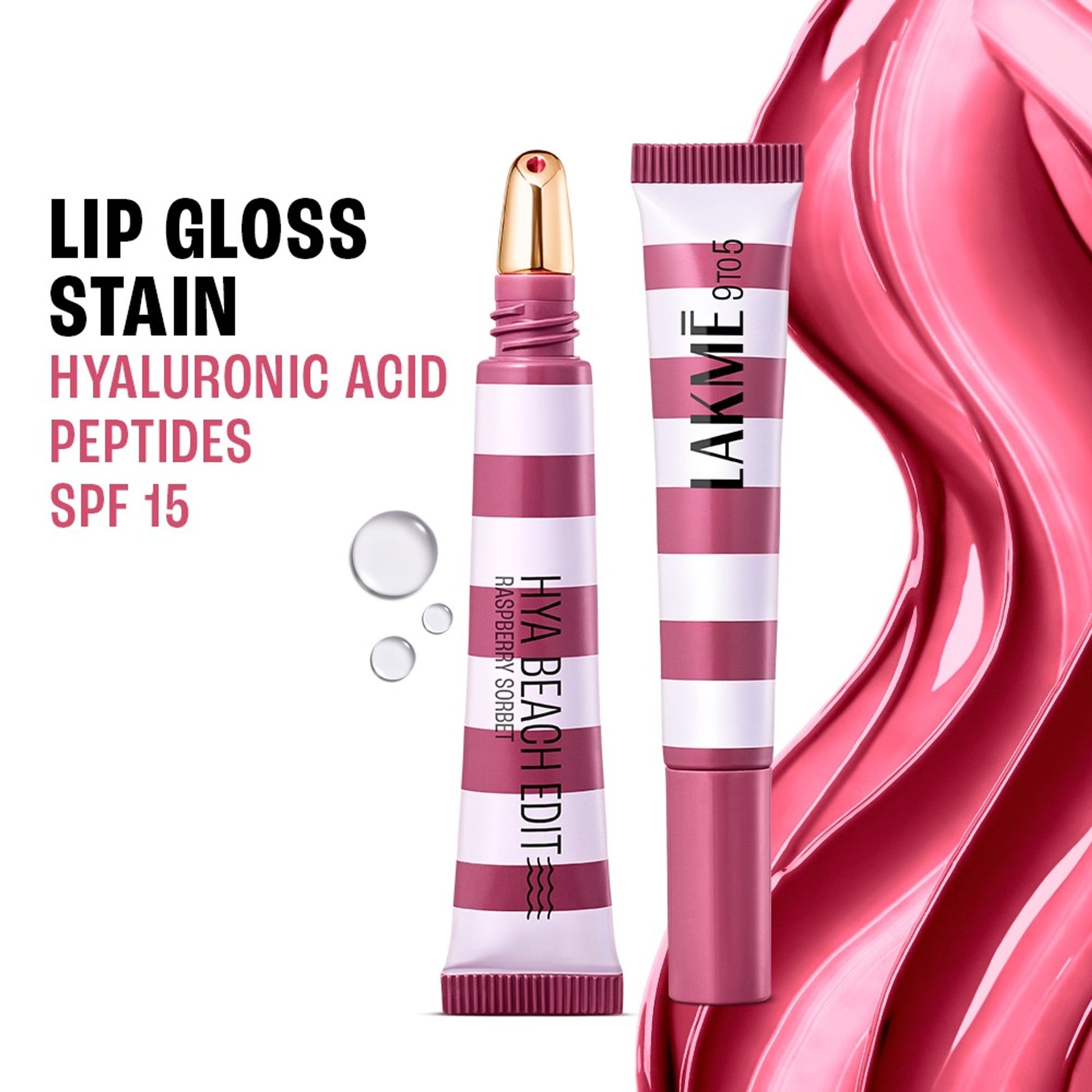 Lakme 9to5 Hya Beach Edit Lip Gloss Stain, Hydrating, Lasting Tint, SPF 15 - Raspberry Sorbet