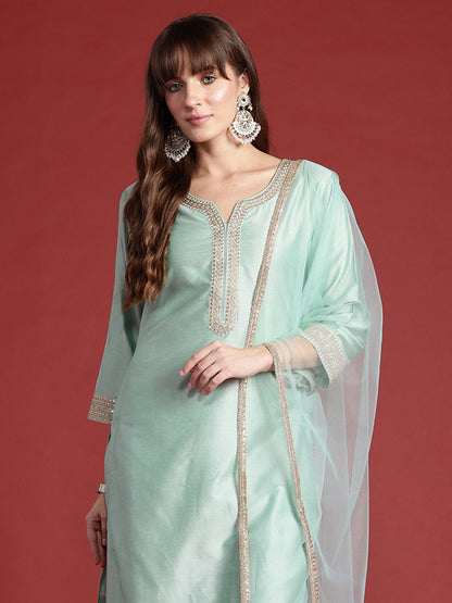 Indyancart IE Embroidered Sequinned Kurta With Trousers & Dupatta