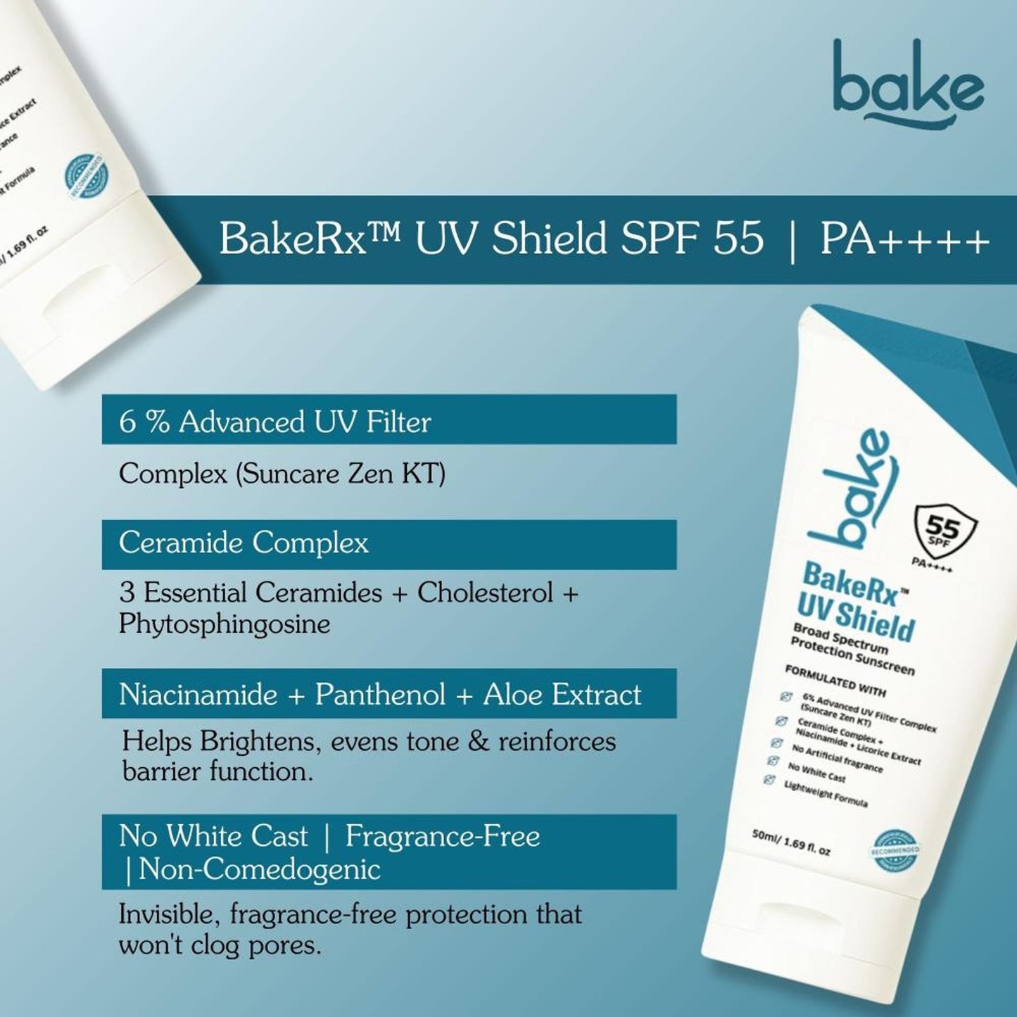 BAKE UV Shield Sunscreen SPF 55 PA++++ with 6% Advanced UV Filters & Ceramide for Broad Protection