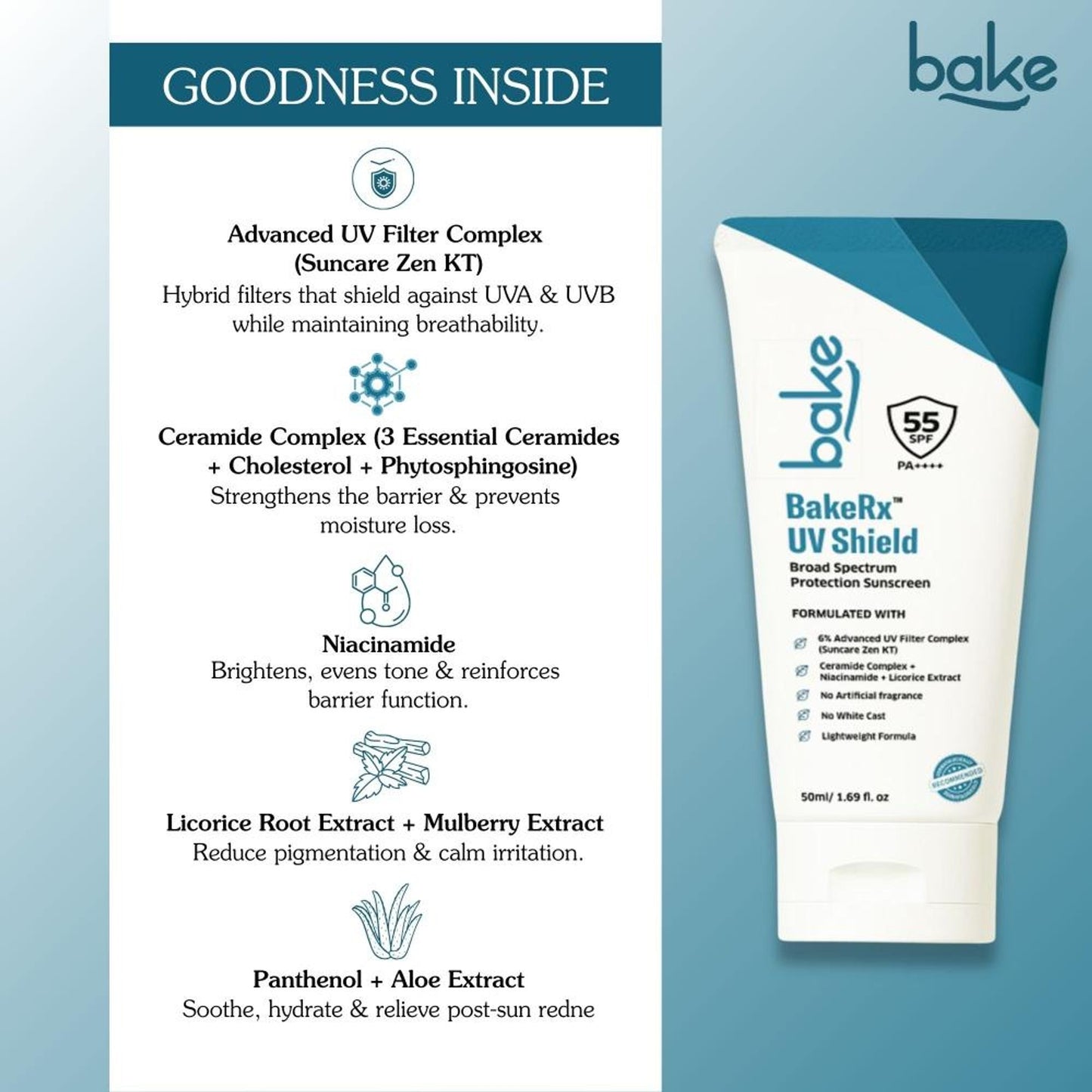 BAKE UV Shield Sunscreen SPF 55 PA++++ with 6% Advanced UV Filters & Ceramide for Broad Protection