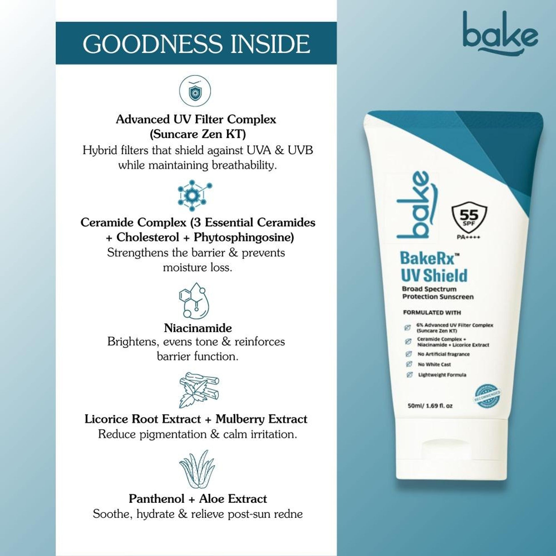 BAKE UV Shield Sunscreen SPF 55 PA++++ with 6% Advanced UV Filters & Ceramide for Broad Protection