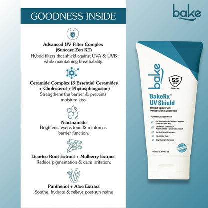 BAKE UV Shield Sunscreen SPF 55 PA++++ with 6% Advanced UV Filters & Ceramide for Broad Protection