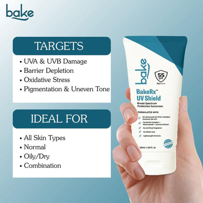 BAKE UV Shield Sunscreen SPF 55 PA++++ with 6% Advanced UV Filters & Ceramide for Broad Protection