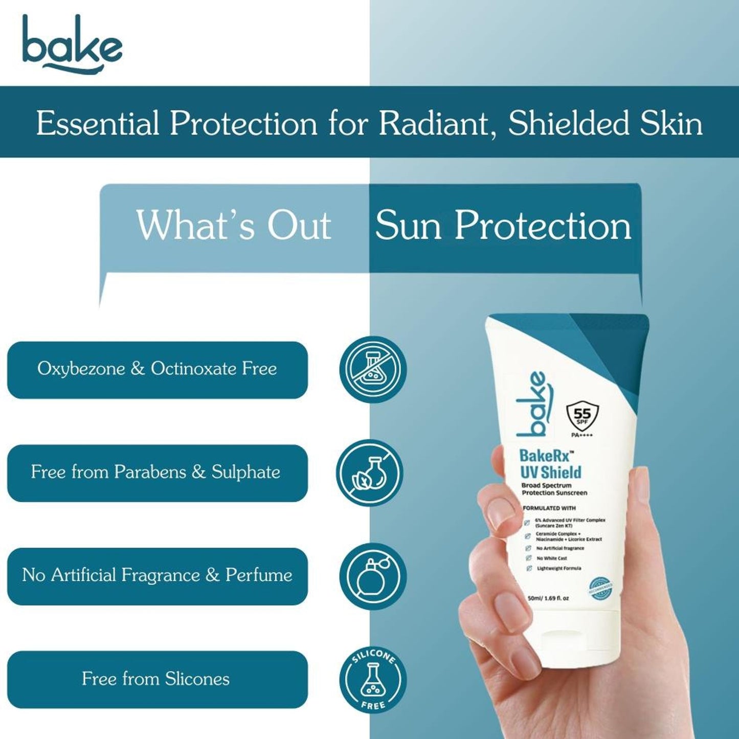 BAKE UV Shield Sunscreen SPF 55 PA++++ with 6% Advanced UV Filters & Ceramide for Broad Protection