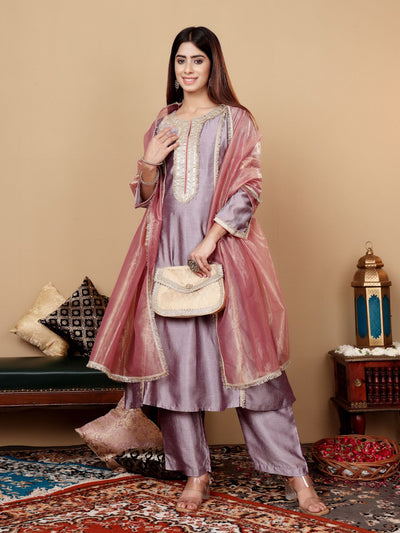 Indyancart VA Women'sLavender Embroidered Yoke Design Notch Neck Anarkali Kurta with Trousers & Dupatta