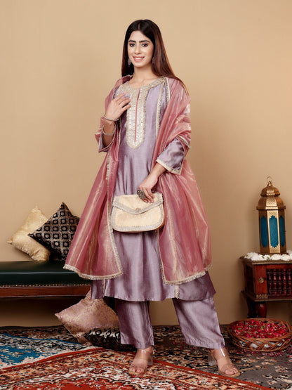 Dhiyona VA Women'sLavender Embroidered Yoke Design Notch Neck Anarkali Kurta with Trousers & Dupatta