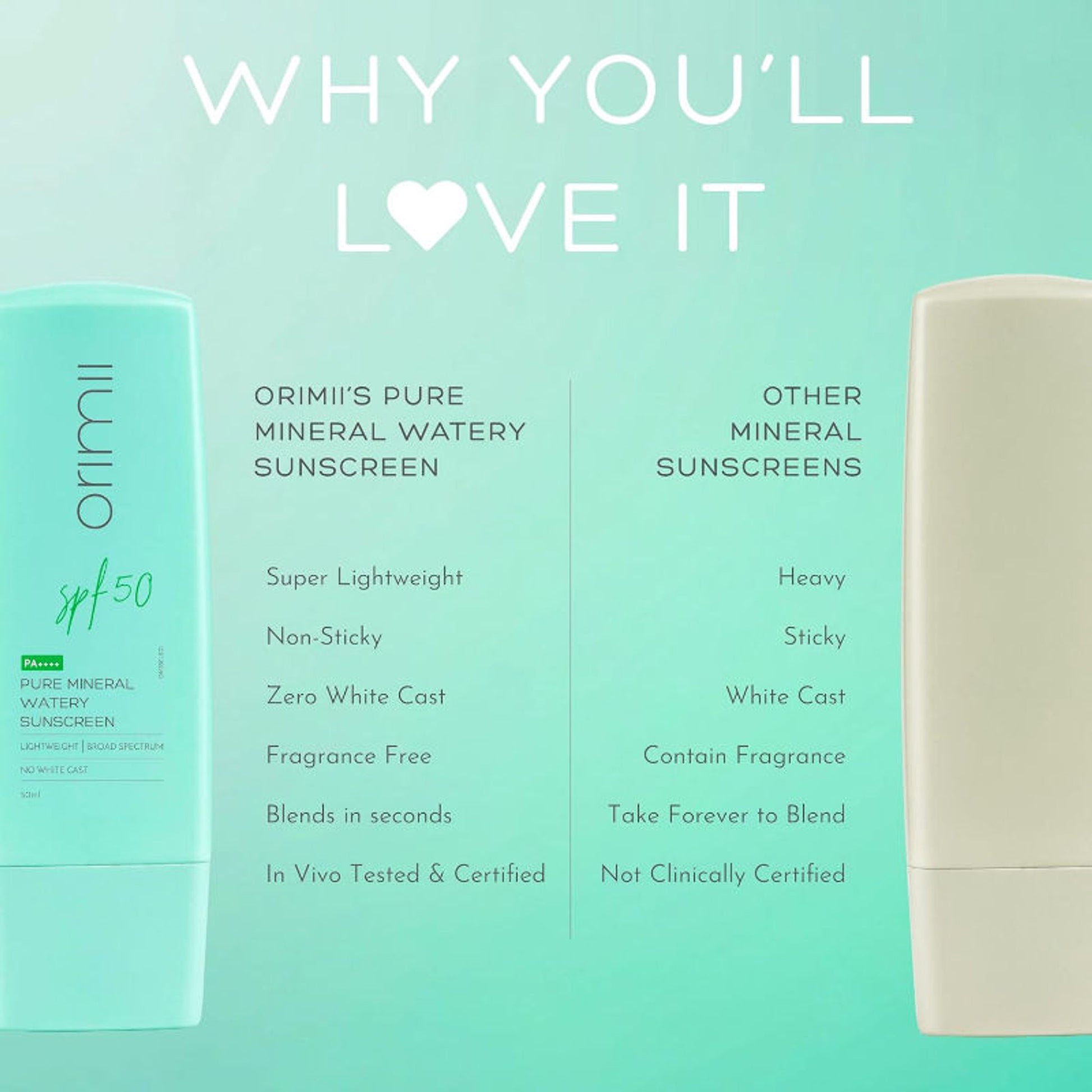 Orimii Mineral Sunscreen SPF 50 Watery Fluid, Zero White Cast, Lightweight & Non-Comedogenic