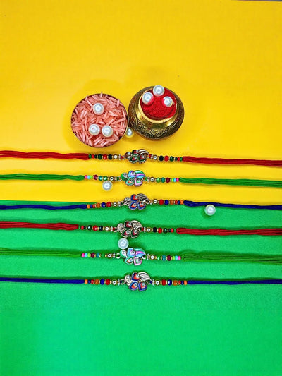 Indyancart Set Of 6 Beaded Cotton Thread with AD Stones & Meenakari Designer Rakhi for Brother