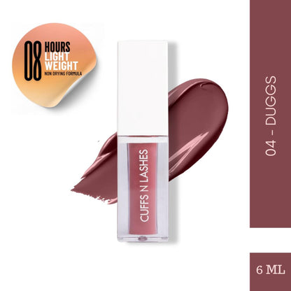 CUFFS N LASHES Matte Liquid Lipstick in shade 04 Duggs, featuring the lipstick tube with a matte finish and brand logo.