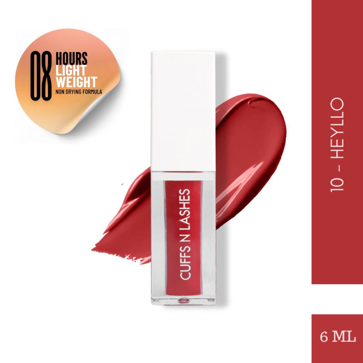 CUFFS N LASHES Matte Liquid Lipstick in 10 Heyllo, showcasing the sleek tube and vibrant matte finish of the lipstick.