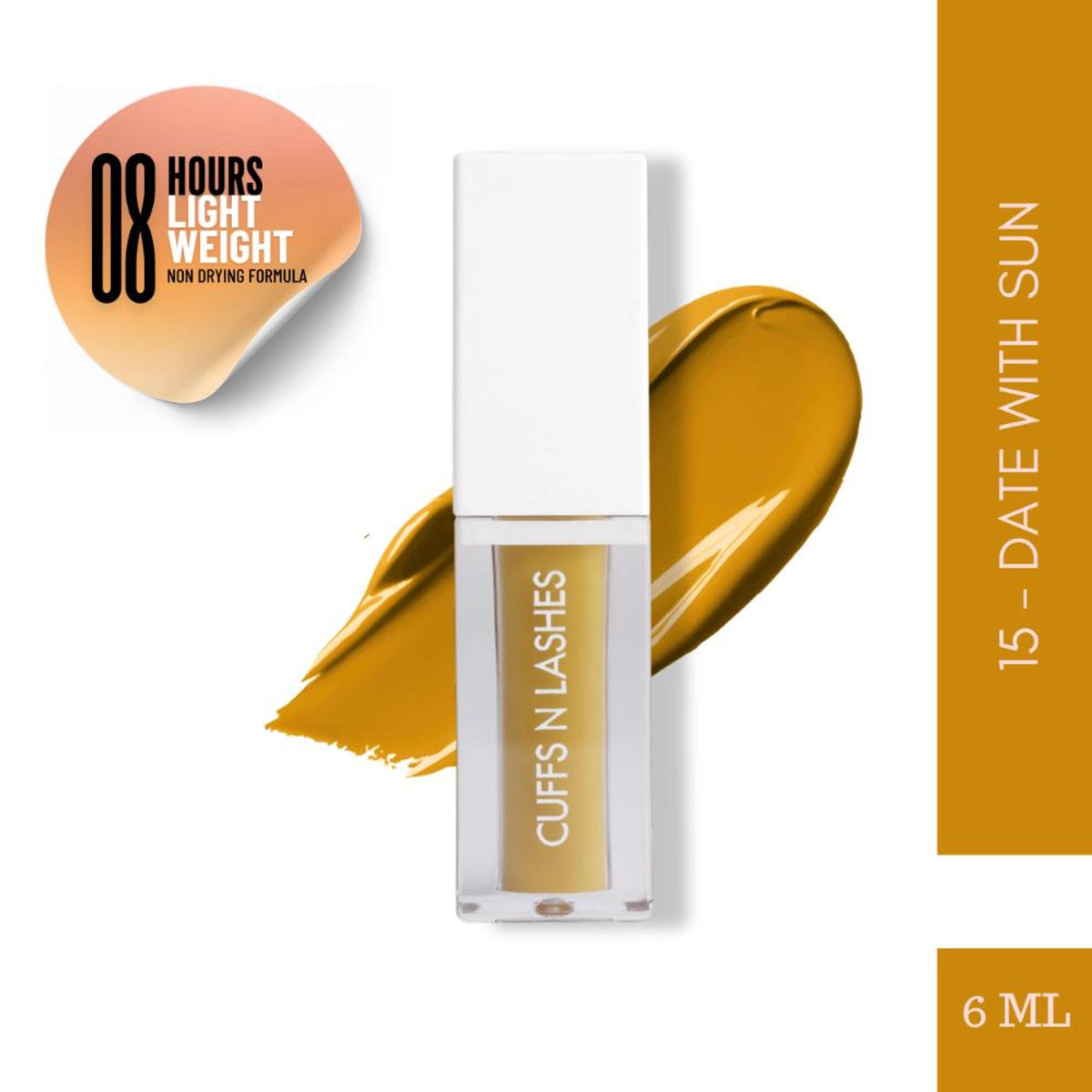 CUFFS N LASHES Matte Liquid Lipstick in 15 Date With Sun, close-up of the lipstick tube with a warm, sunset-inspired shade.