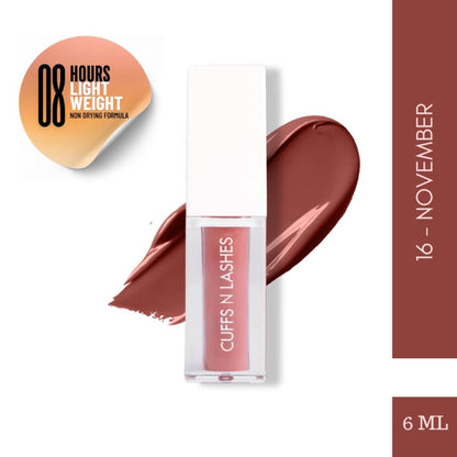 CUFFS N LASHES Matte Liquid Lipstick in shade 16 November, featuring a sleek tube and applicator for bold, matte lip color.