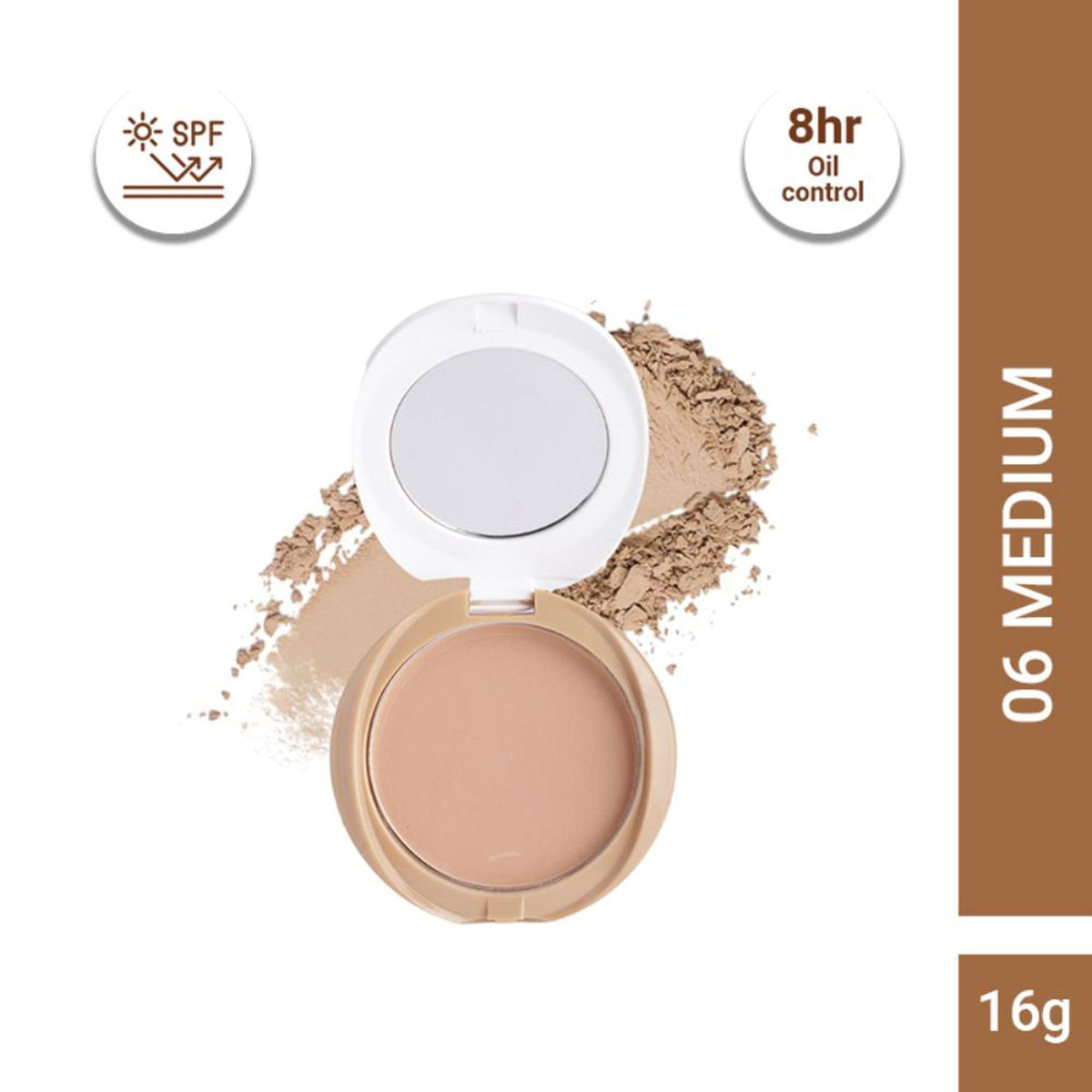 CUFFS N LASHES Perfect Finish pressed powder compact with SPF 15 in shade 06 Medium, showing the closed compact with branding.