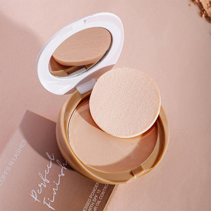 CUFFS N LASHES Perfect Finish pressed powder compact with SPF 15 in medium shade, showcasing the closed compact with brand logo.