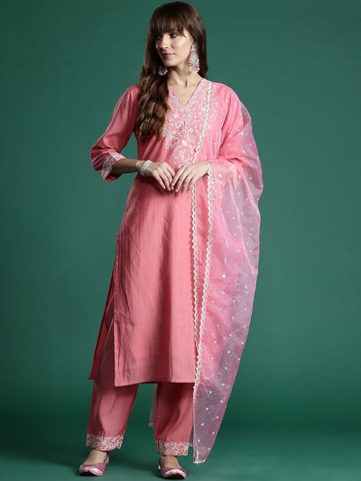Indyancart IE Floral Embroidered Sequinned Liva Kurta With Trousers & Dupatta