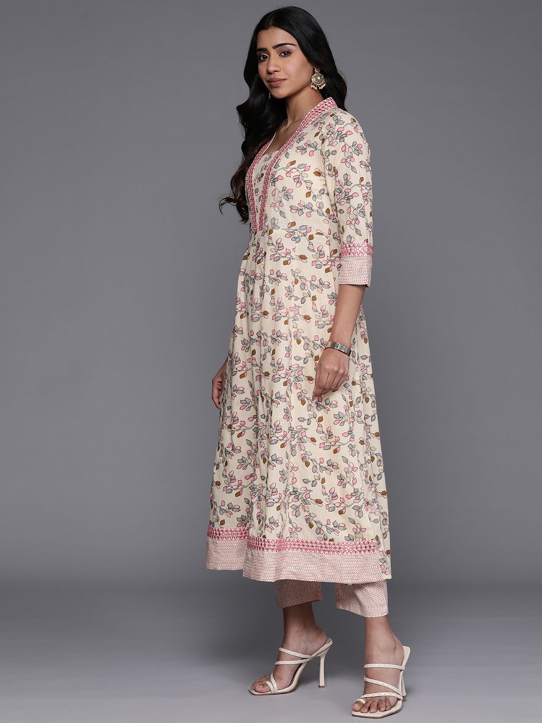 Indyancart VA Women'sFloral Printed Mirror Work Pure Cotton Kurta with Trousers & Dupatta