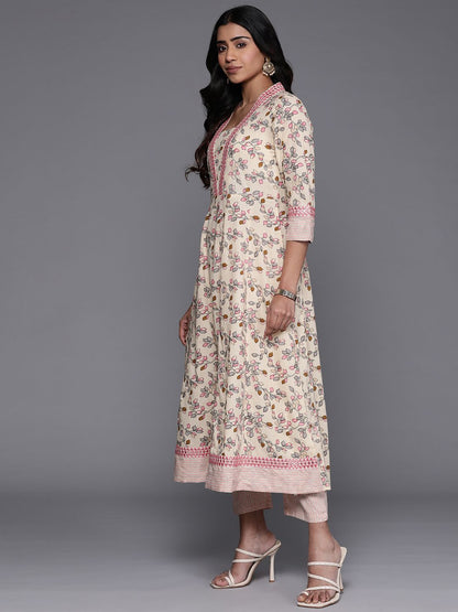 Indyancart VA Women'sFloral Printed Mirror Work Pure Cotton Kurta with Trousers & Dupatta