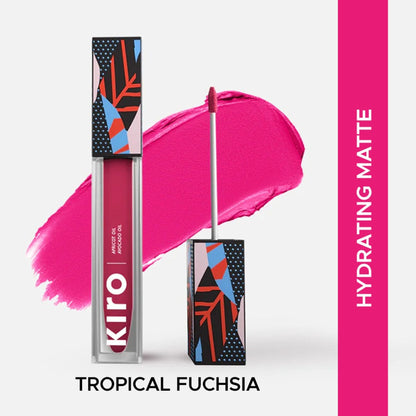 KIRO Non-Stop Airy Matte Liquid Lipstick in Tropical Fuschia, showing the vibrant pink tube and applicator with lipstick.