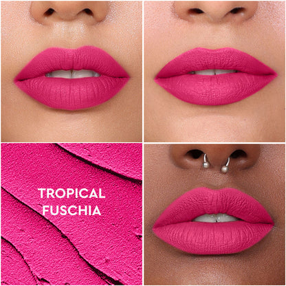 KIRO Non-Stop Airy Matte Liquid Lipstick in Tropical Fuschia, featuring vibrant pink shade and smooth matte finish.