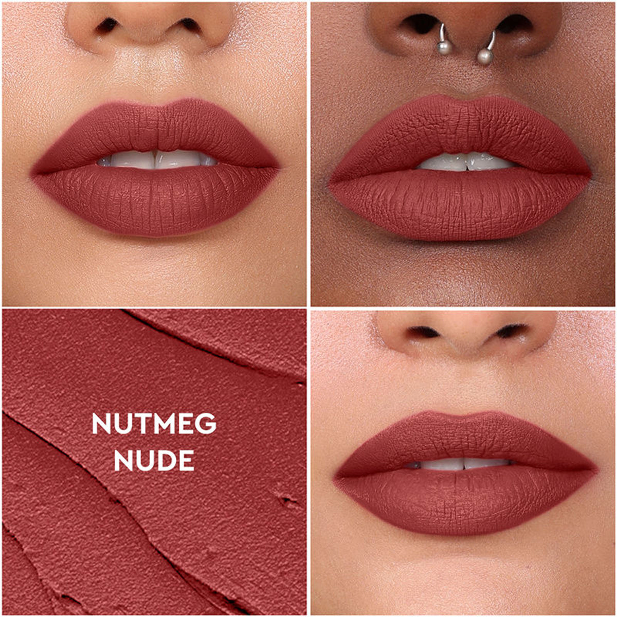 KIRO Non-Stop Airy Matte Liquid Lipstick in Nutmeg Nude, showcasing the smooth, lightweight matte finish and nude shade.