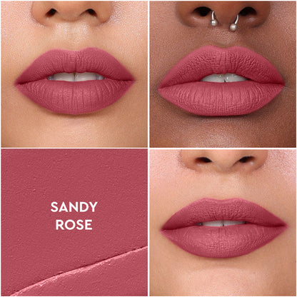 KIRO Non-Stop Airy Matte Liquid Lipstick in Sandy Rose, with smooth beige-toned liquid lipstick tube and applicator.