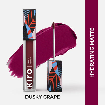 KIRO Non-Stop Airy Matte Liquid Lipstick in Dusky Grape, showcasing the deep, muted purple shade in a sleek tube.