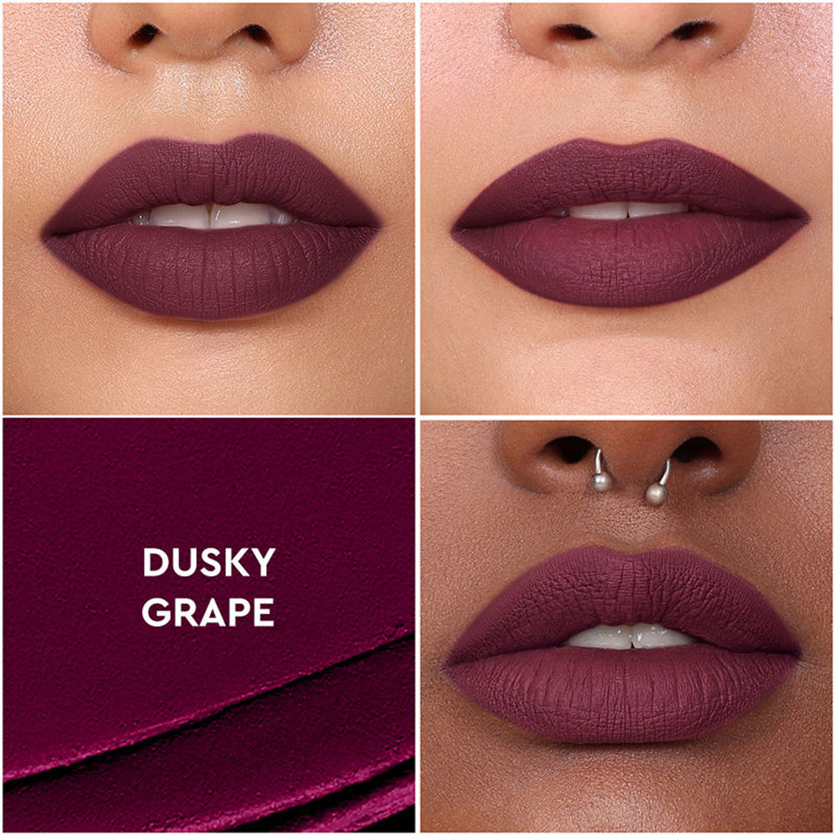 KIRO Non-Stop Airy Matte Liquid Lipstick in Dusky Grape, showcasing a smooth, deep purple matte lip color.