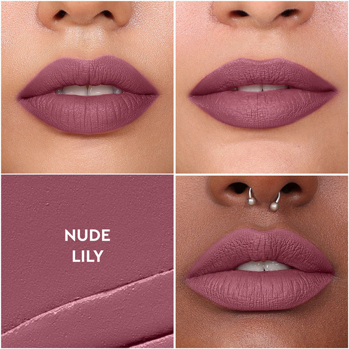 KIRO Non-Stop Airy Matte Liquid Lipstick in Nude Lilly with smooth, matte finish and applicator brush visible in the image.