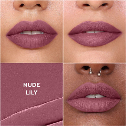 KIRO Non-Stop Airy Matte Liquid Lipstick in Nude Lilly with smooth, matte finish and applicator brush visible in the image.