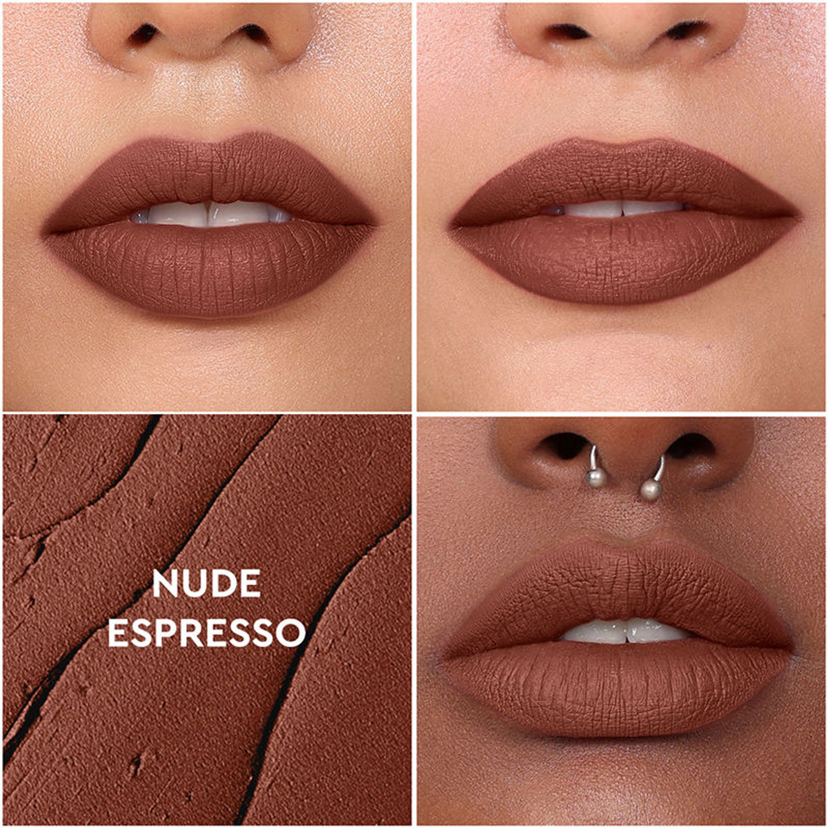 KIRO Non-Stop Airy Matte Liquid Lipstick in Nude Espresso, featuring a smooth, matte finish and natural nude brown color.