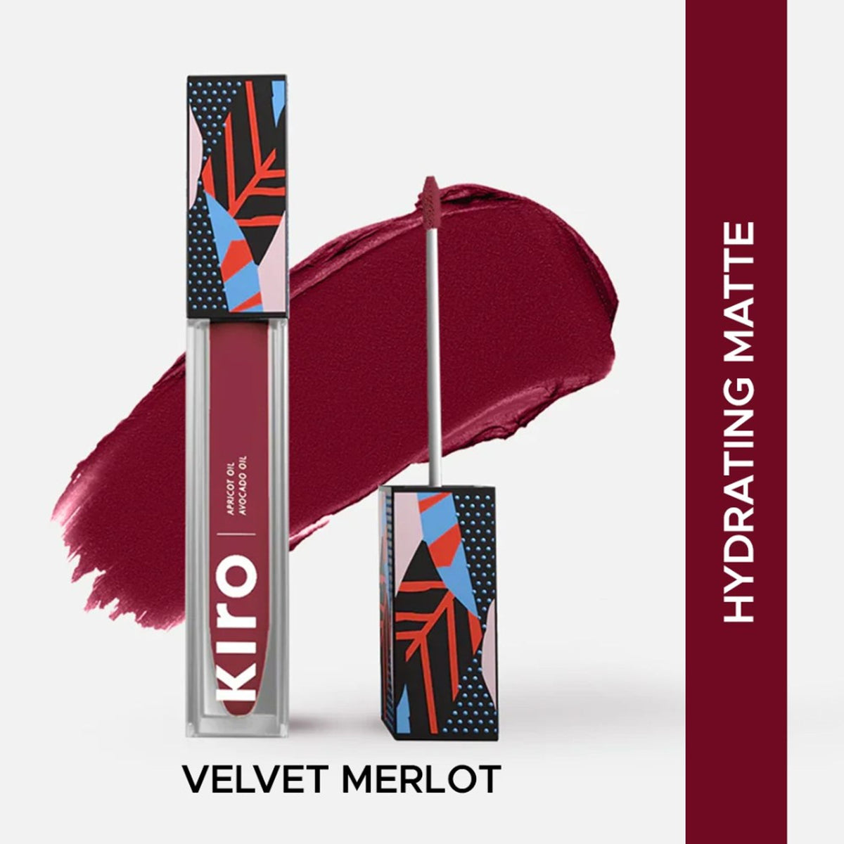 KIRO Non-Stop Airy Matte Liquid Lipstick in Velvet Merlot with smooth, velvety deep red finish, showcasing the product tube.