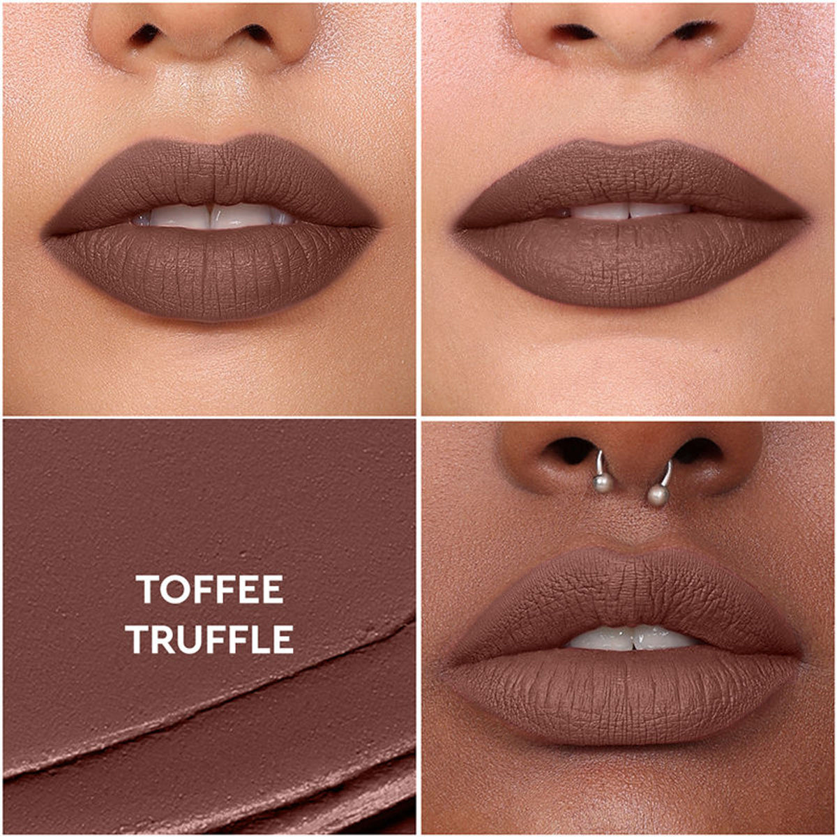 KIRO Non-Stop Airy Matte Liquid Lipstick in Toffee Truffle shade, showing the lipstick tube and swatch on skin.