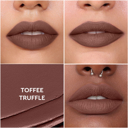 KIRO Non-Stop Airy Matte Liquid Lipstick in Toffee Truffle shade, showing the lipstick tube and swatch on skin.